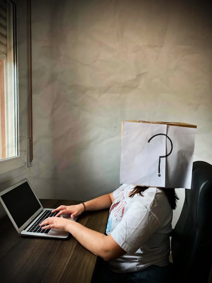 Woman Sitting on Chair and Working on Laptop with Paper Bag on Head